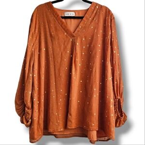 June & Jo Burnt Orange Chiffon Starry Oversized Flowy Ballon Sleeve Top Size XL